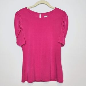 Calvin Klein, Hot Pink Top, Ruched Sleeves, Silky Blouse,  Size Small